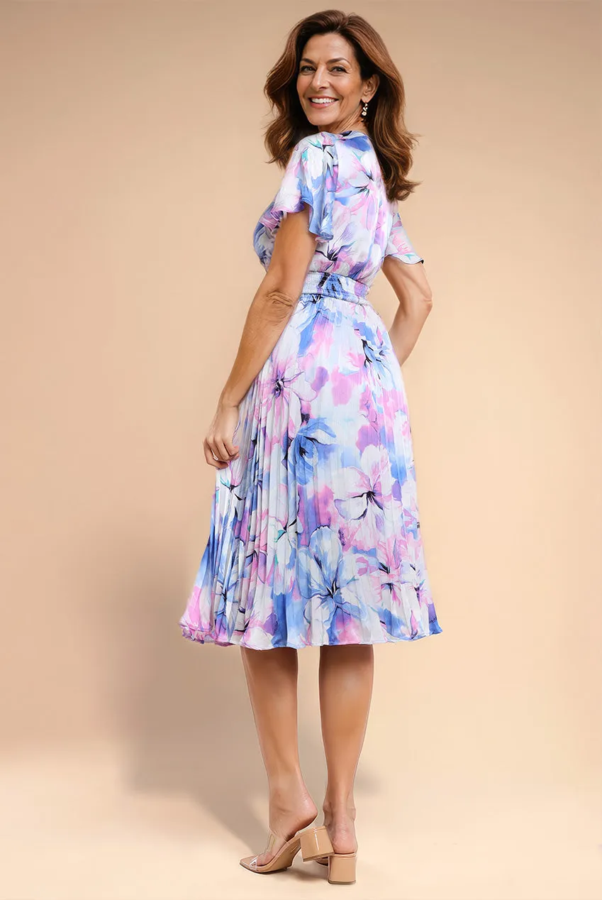 Flutter Sleeve Pleated Skirt Floral Midi Dress - Blue by Goddiva sold by Goddiva product image thumbnail 2