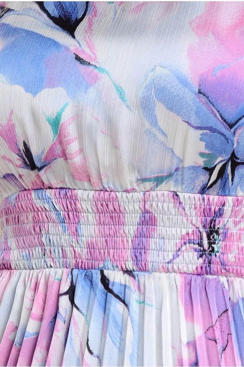 Flutter Sleeve Pleated Skirt Floral Midi Dress - Blue by Goddiva sold by Goddiva product image thumbnail 3