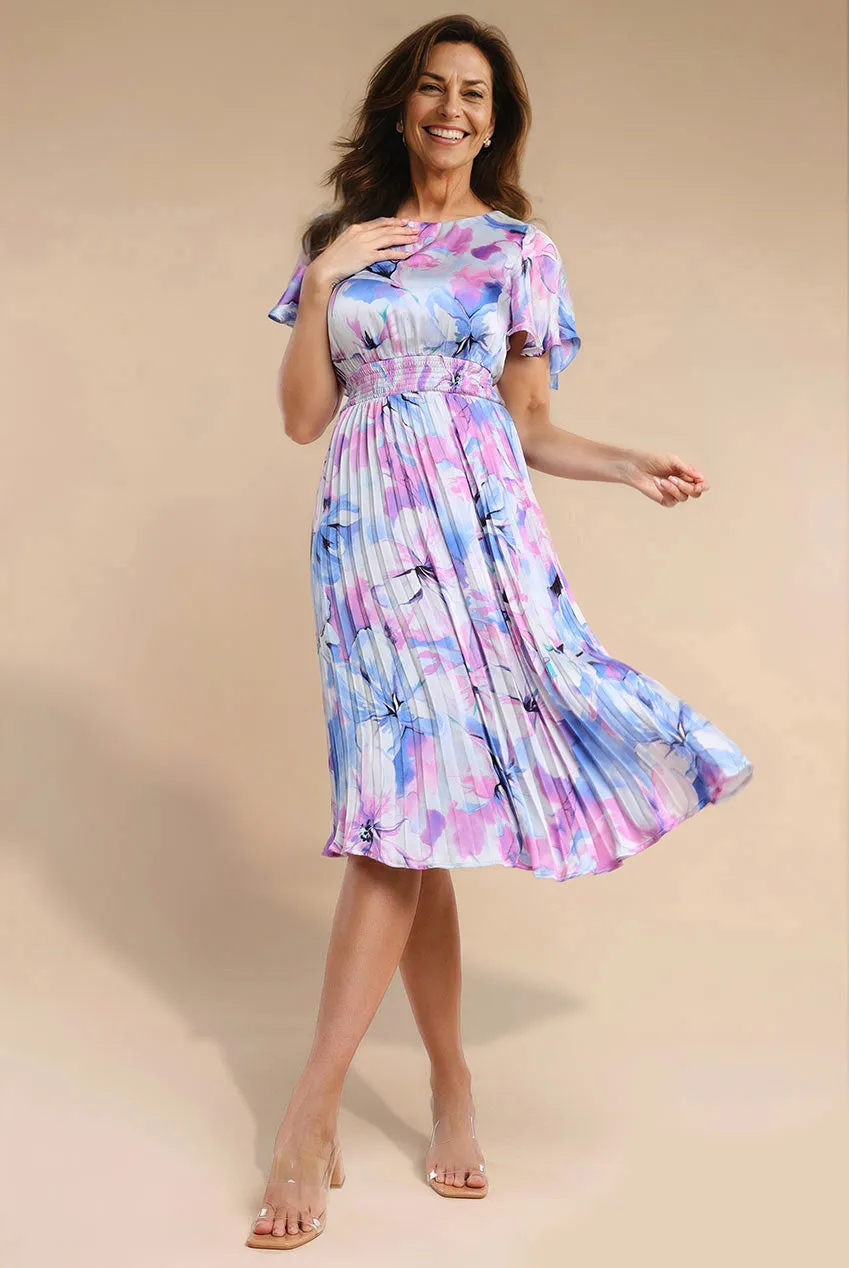 Flutter Sleeve Pleated Skirt Floral Midi Dress - Blue by Goddiva sold by Goddiva