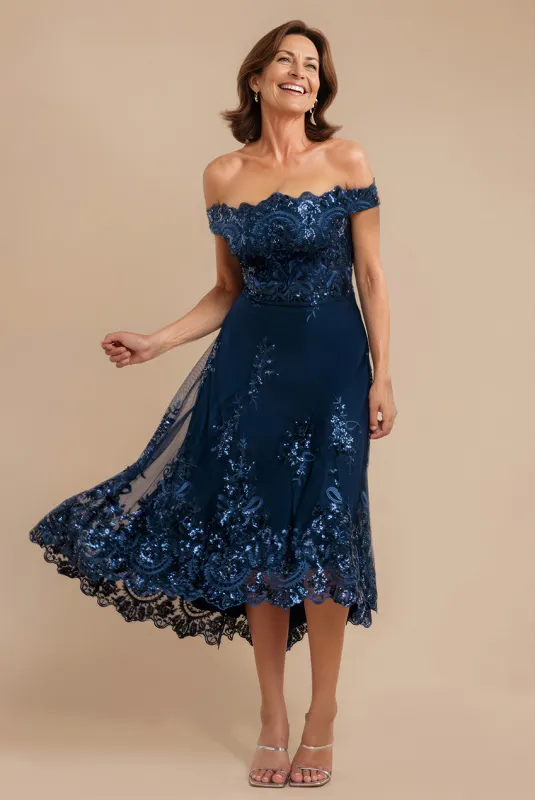 Bardot Sequin & Lace High Low Midi - Navy Blue by Goddiva sold by Goddiva