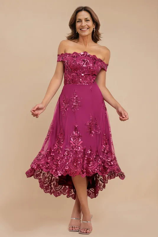 Bardot Sequin & Lace High Low Midi - Magenta by Goddiva sold by Goddiva