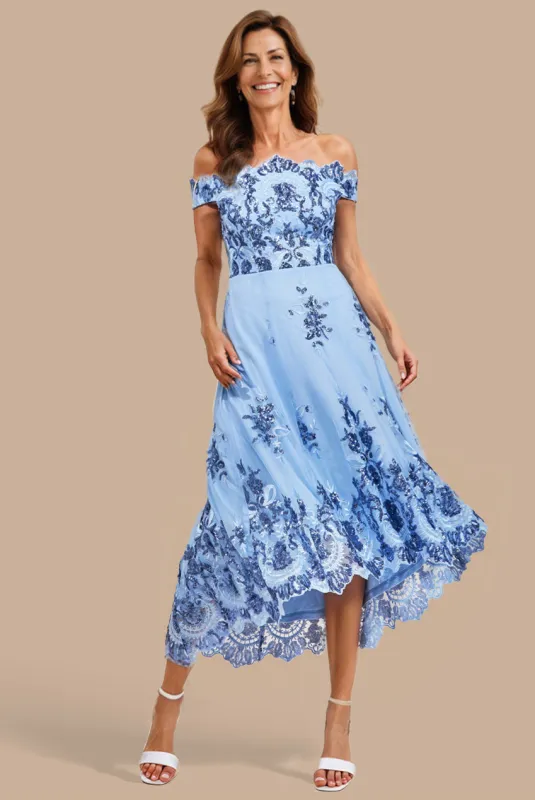 Bardot Sequin & Lace High Low Midi - Blue by Goddiva sold by Goddiva