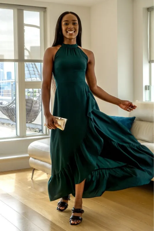 Crepe Halter Neck Wrap Front Frill Maxi Dress by Double Second sold by Goddiva