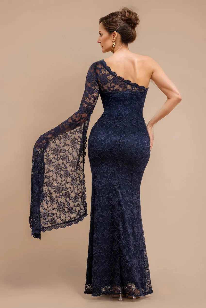One Shoulder Scalloped Neck Maxi Dress - Navy Blue by Goddiva sold by Goddiva product image thumbnail 2