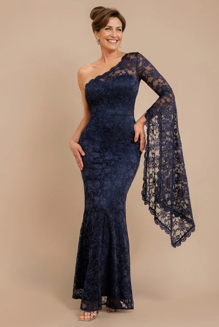 One Shoulder Scalloped Neck Maxi Dress - Navy Blue by Goddiva sold by Goddiva