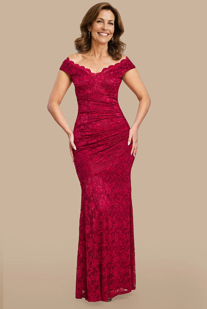 Off The Shoulder Scalloped Neck Maxi Dress - Wine by Goddiva sold by Goddiva