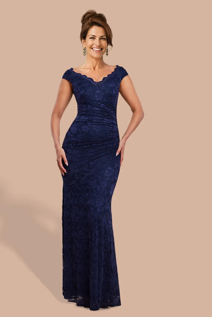 Off The Shoulder Scalloped Neck Maxi Dress - Navy Blue by Goddiva sold by Goddiva