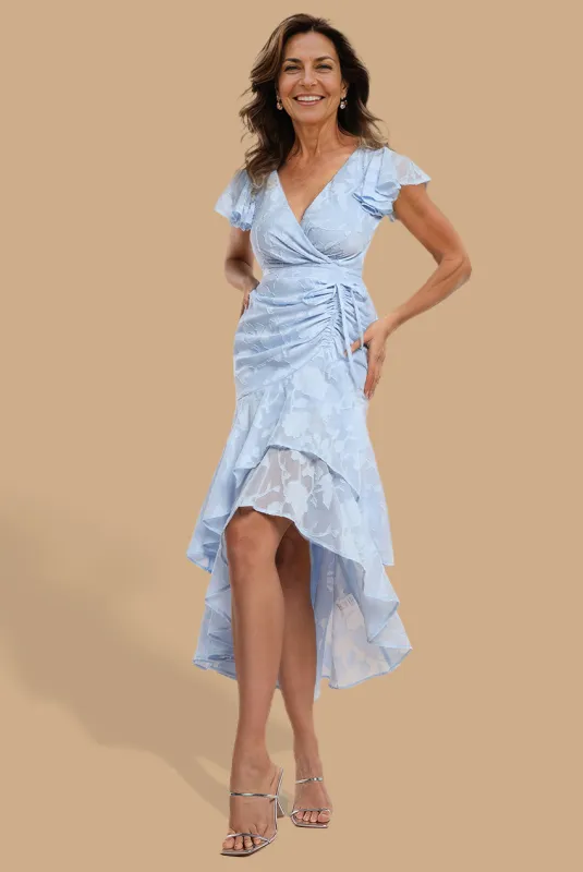 Jacquard Chiffon Wrap High Low Midaxi Dress - Blue by Goddiva sold by Goddiva