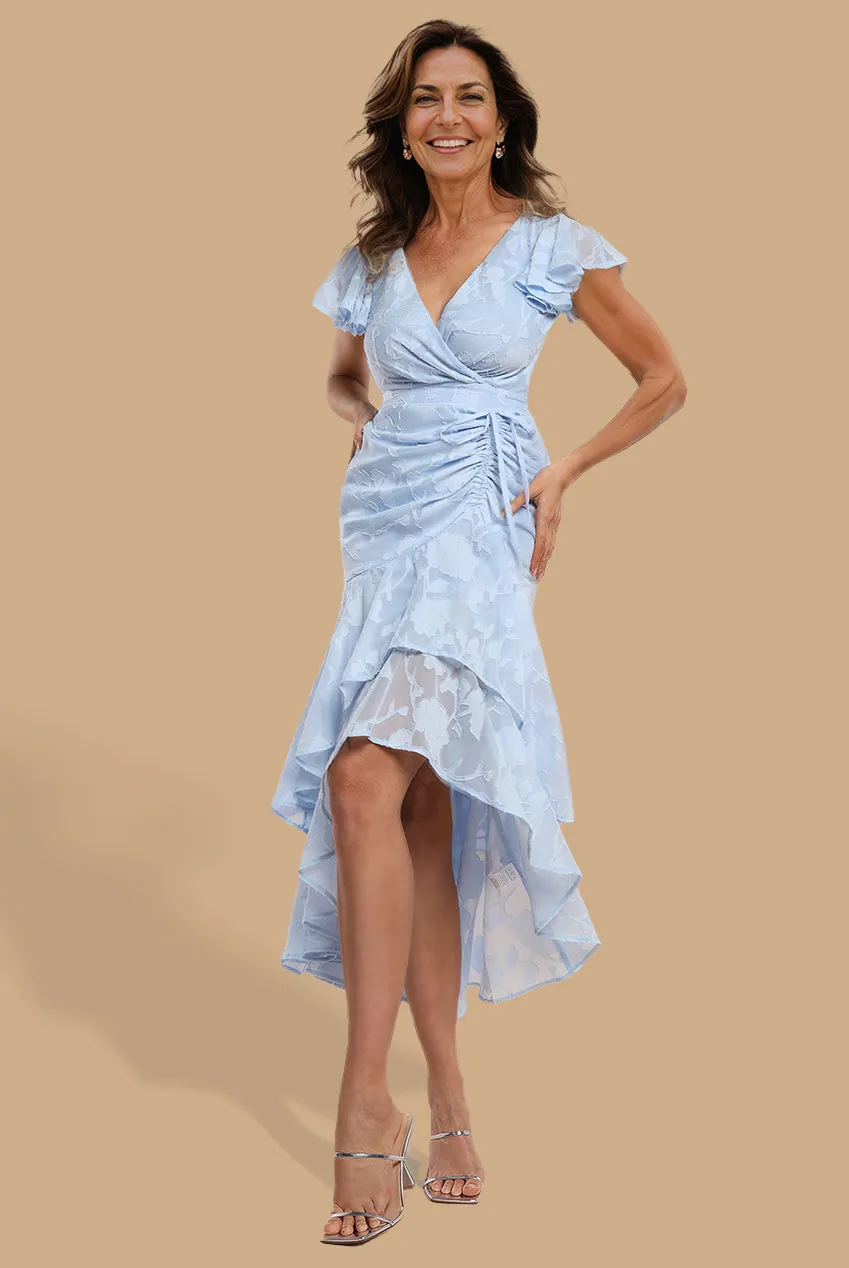 Jacquard Chiffon Wrap High Low Midaxi Dress - Blue by Goddiva sold by Goddiva