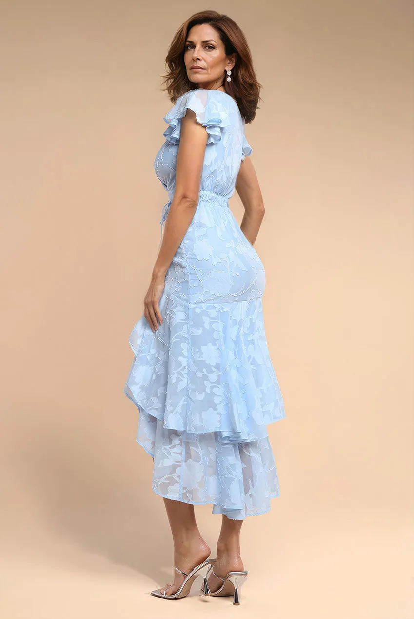 Jacquard Chiffon Wrap High Low Midaxi Dress - Blue by Goddiva sold by Goddiva product image thumbnail 2