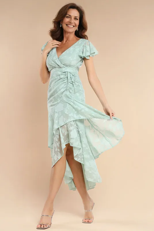 Jacquard Chiffon Wrap High Low Midaxi Dress - SageGreen by Goddiva sold by Goddiva