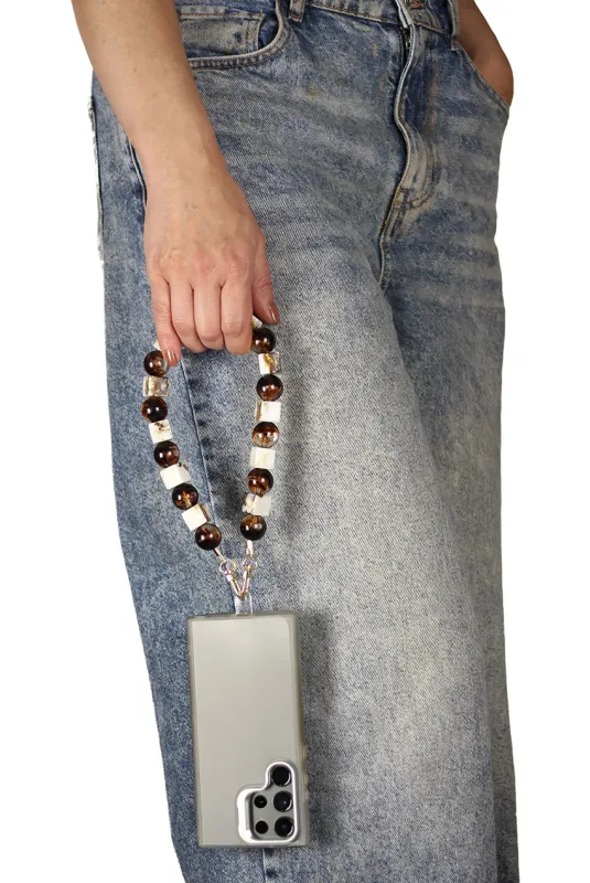 Square & Ball Style Acrylic Phone Strap - White & Brown by Goddiva Accessories sold by Goddiva