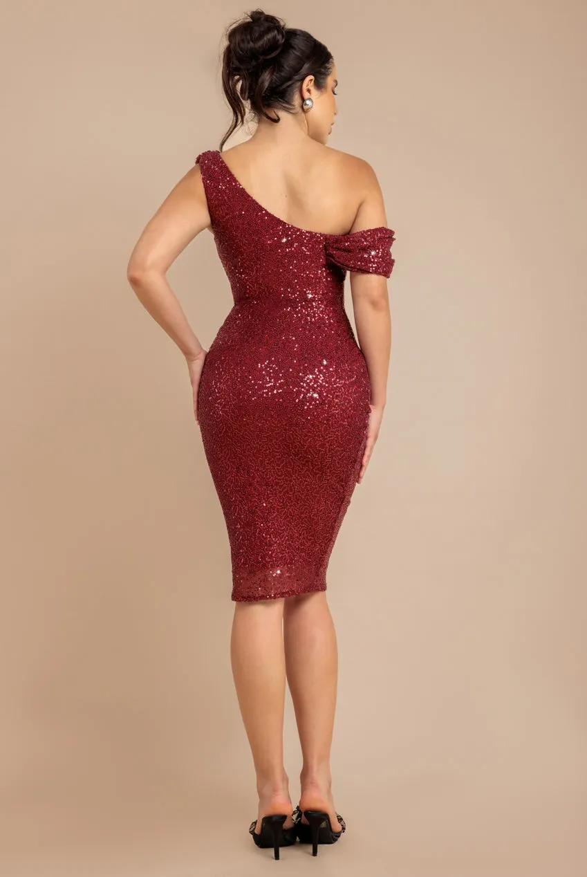 Sequin Cowl One Shoulder Midi Dress - Wine by Goddiva sold by Goddiva product image thumbnail 2