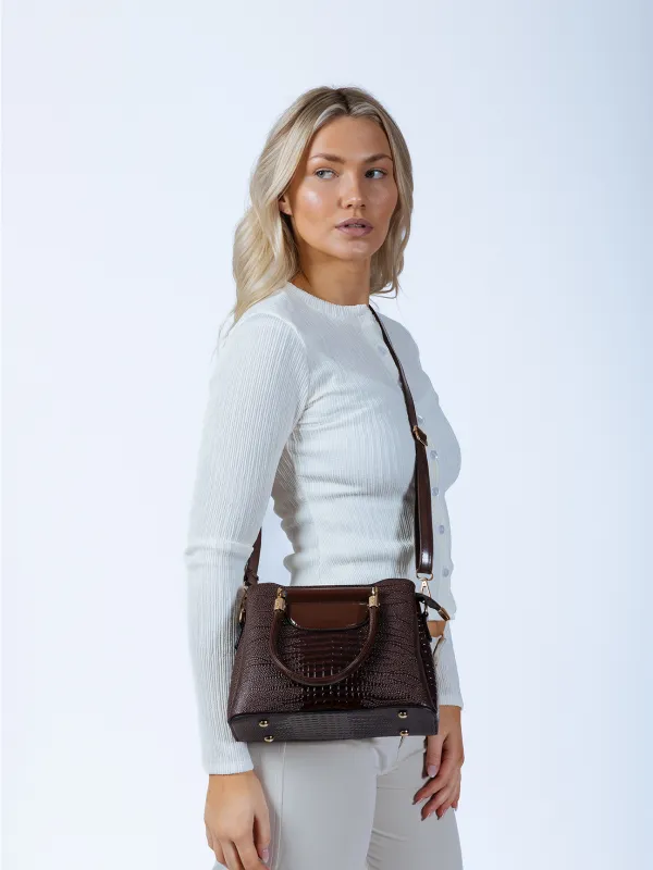 Patent Croc Top Handle Bag In Brown by SVNX sold by Goddiva