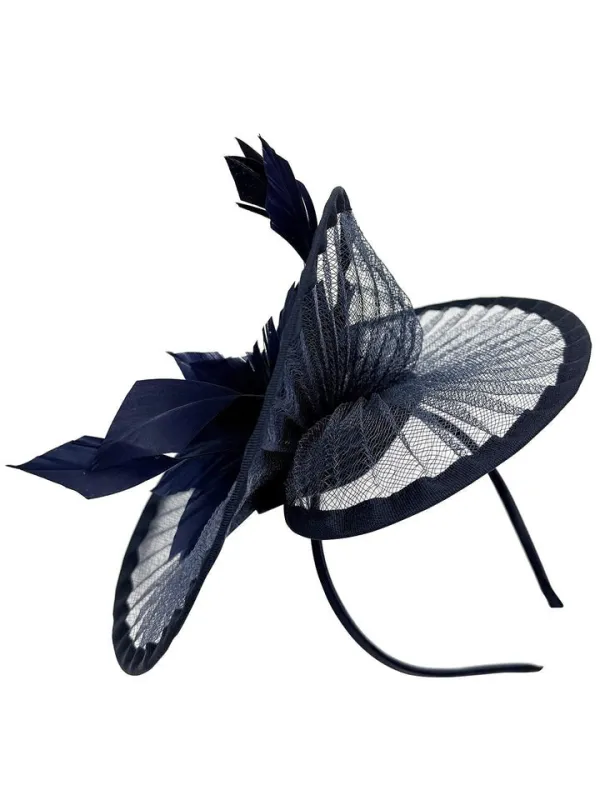 Spiral Circular Brim Fascinator With Feathers Burst In Navy by SVNX sold by Goddiva