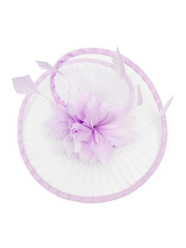 Spiral Circular Brim Fascinator With Feathers Burst In Lilac by SVNX sold by Goddiva