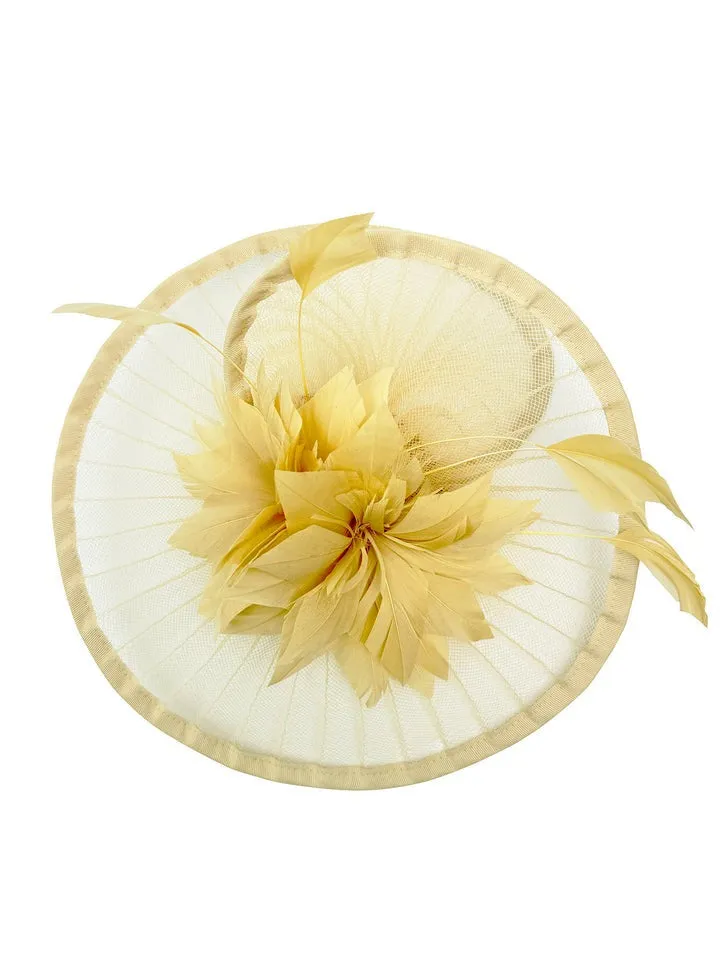 Spiral Circular Brim Fascinator With Feathers Burst In Beige by SVNX sold by Goddiva