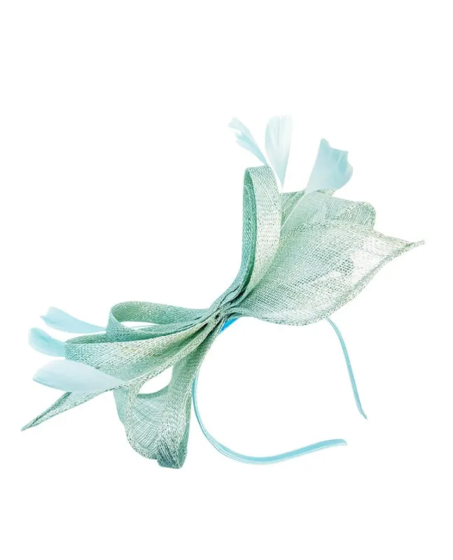 Bow Shaped Fascinator With Sinamay Curls & Feathers In Mint Blue by SVNX sold by Goddiva