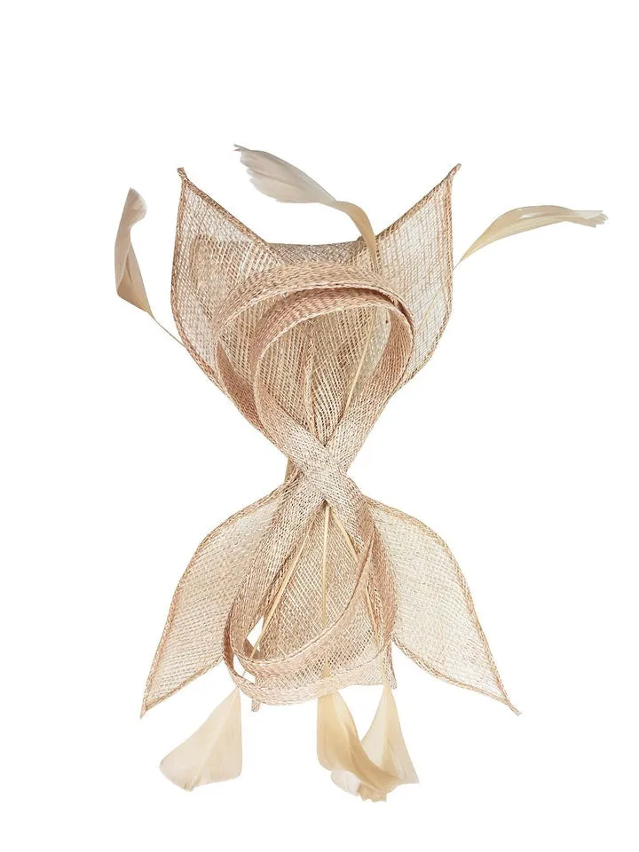 Bow Shaped Fascinator With Sinamay Curls & Feathers In Nude by SVNX sold by Goddiva product image thumbnail 2