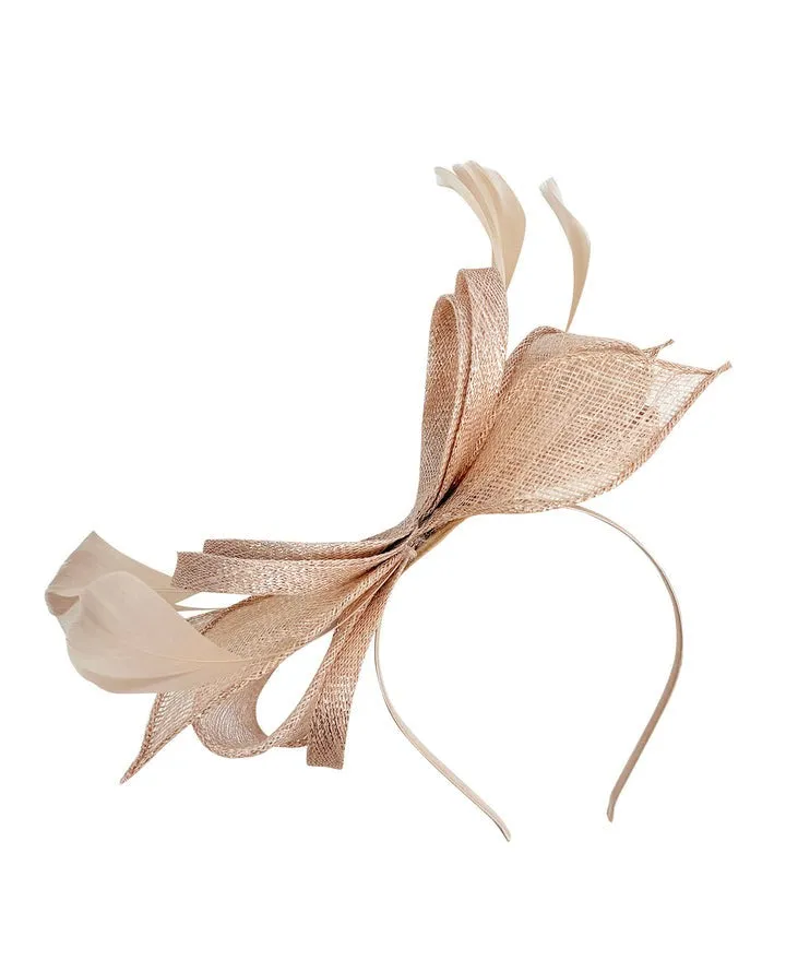 Bow Shaped Fascinator With Sinamay Curls & Feathers In Nude by SVNX sold by Goddiva