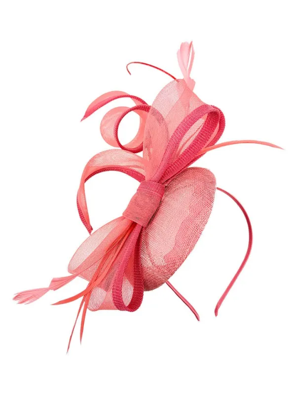 Round Pill Box Fascinator With Bow & Feathers In Coral by SVNX sold by Goddiva