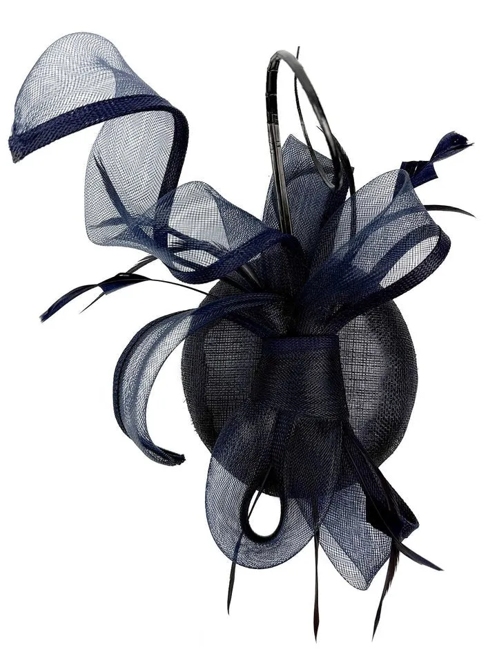 Round Pill Box Fascinator With Bow & Feathers In Navy by SVNX sold by Goddiva product image thumbnail 2