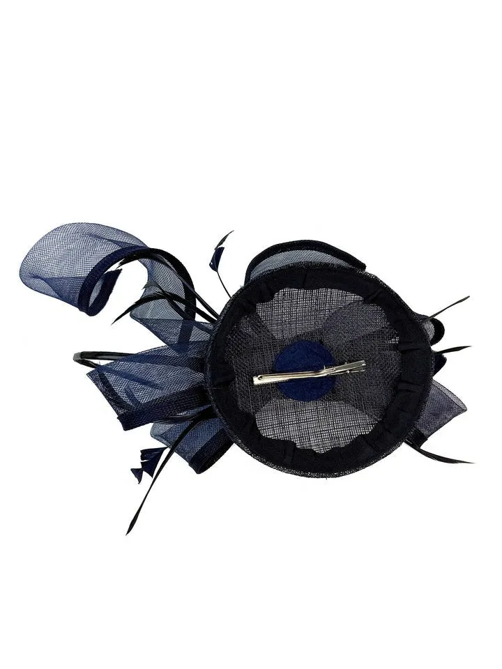 Round Pill Box Fascinator With Bow & Feathers In Navy by SVNX sold by Goddiva product image thumbnail 3