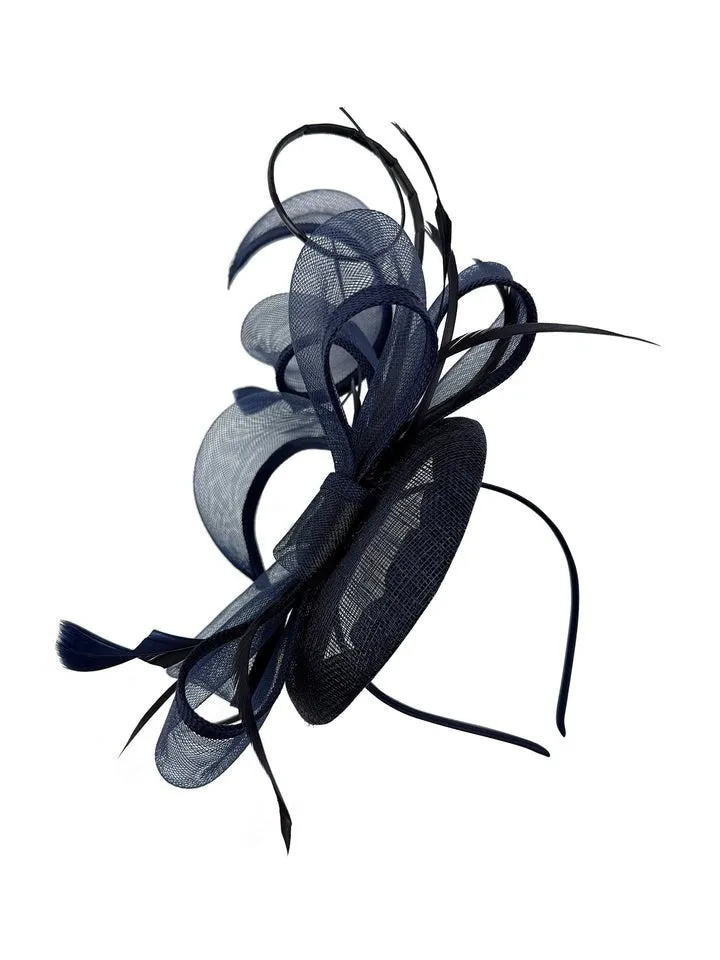 Round Pill Box Fascinator With Bow & Feathers In Navy by SVNX sold by Goddiva