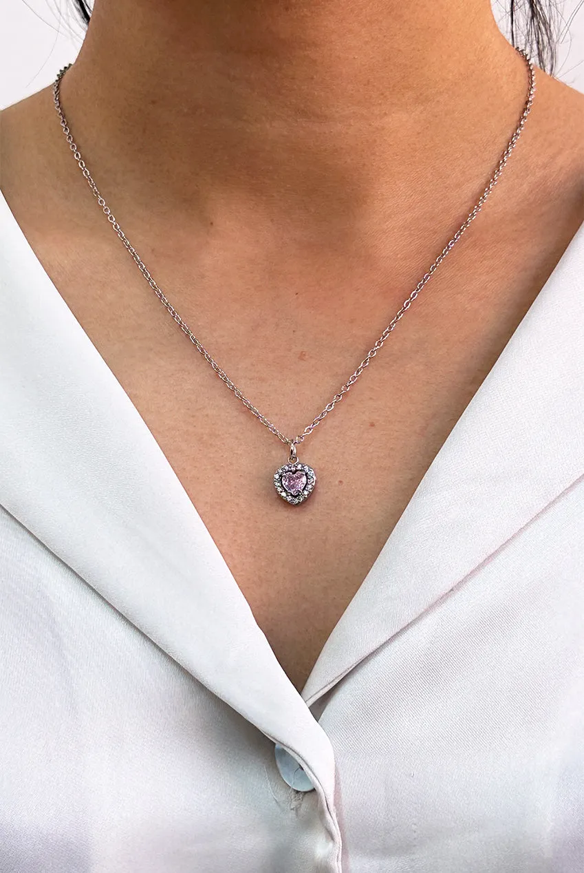 Pink Crystal Heart Pendant Necklace In Silver - Gift Boxed by SVNX sold by Goddiva