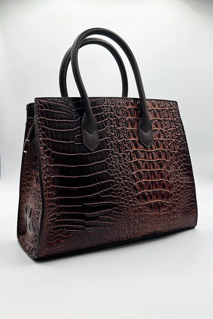 Croc Buckle Top Handle Bag In Brown by SVNX sold by Goddiva product image thumbnail 3