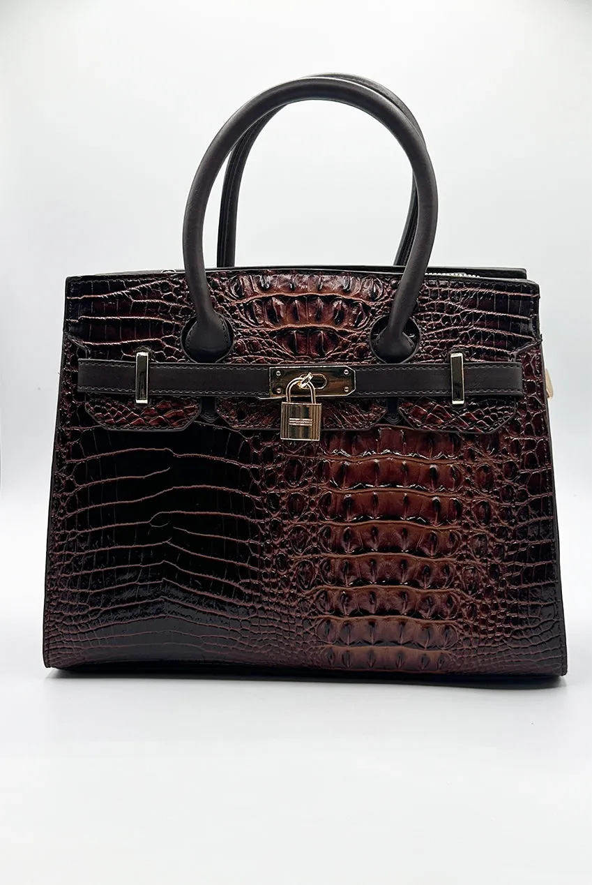 Croc Buckle Top Handle Bag In Brown by SVNX sold by Goddiva