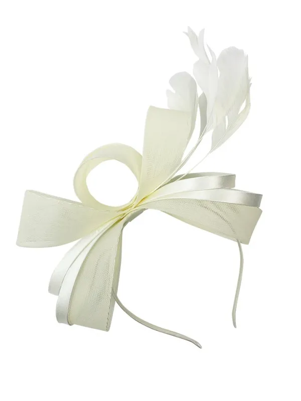 Bow Shaped Fascinator With Satin Loops & Feathers In Cream by SVNX sold by Goddiva