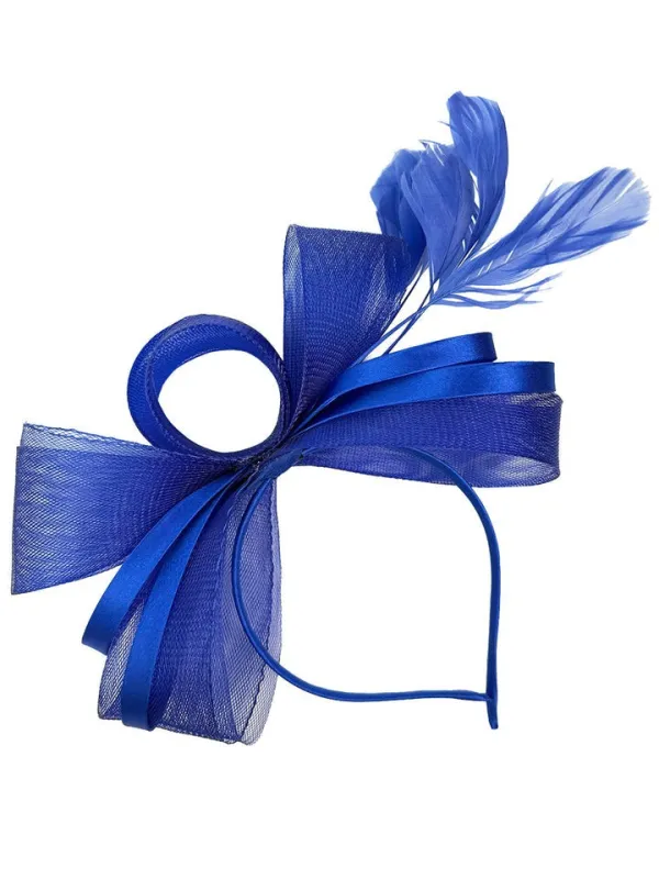 Bow Shaped Fascinator With Satin Loops & Feathers In Royal Blue by SVNX sold by Goddiva