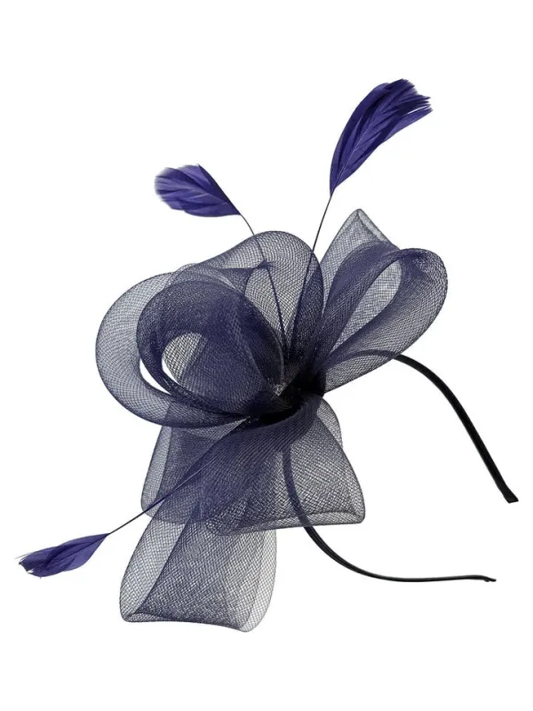 Flower & Feathers Fascinator Hat With Headband & Clip In Navy by SVNX sold by Goddiva
