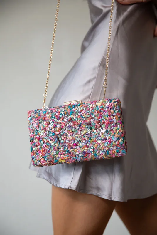 Embellished Square Clutch Bag In Multi by SVNX sold by Goddiva