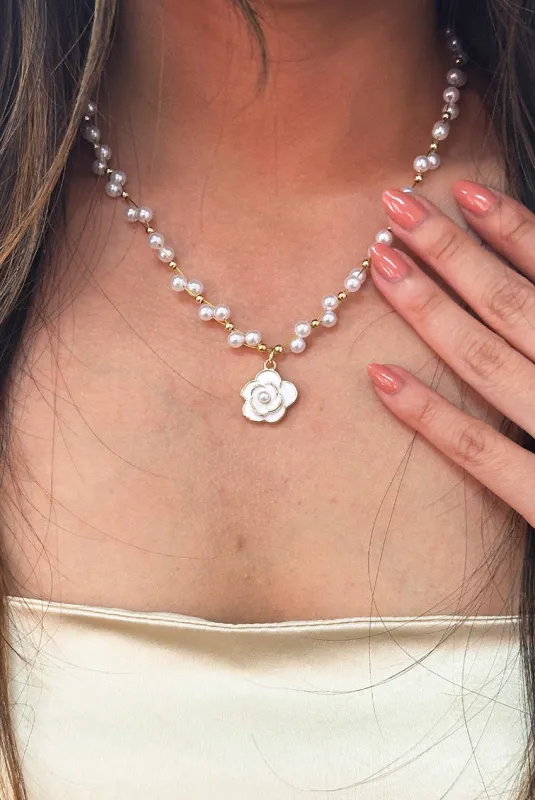 Pearl Chain Necklace With Camellia Pendant - Gift Boxed by SVNX sold by Goddiva