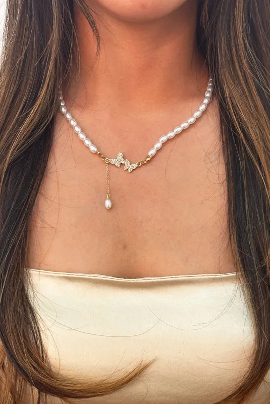 Pearl Chain Necklace With Butterfly Pendant - Gift Boxed by SVNX sold by Goddiva