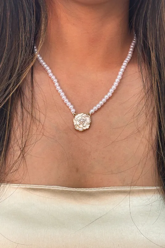French Camellia Pearl Necklace - Gift Boxed by SVNX sold by Goddiva