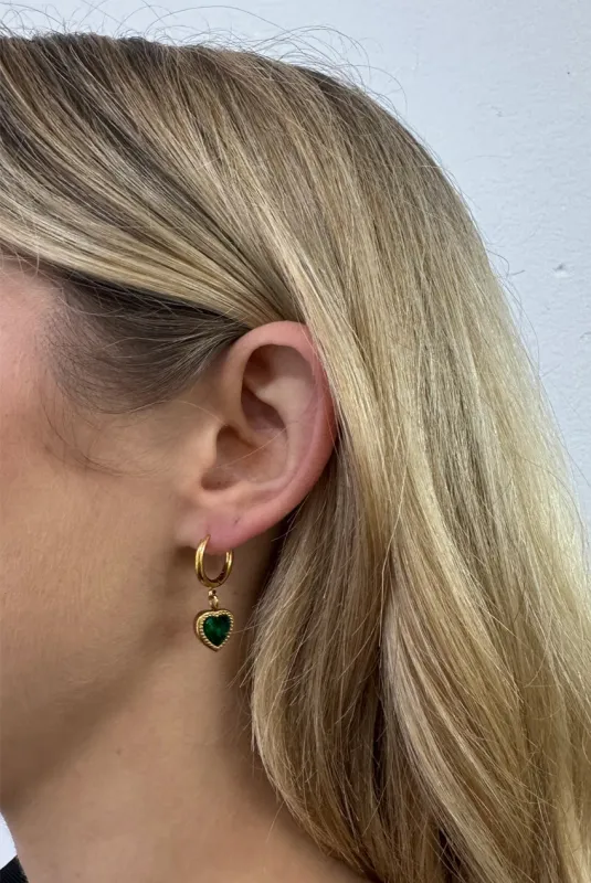 Emerald Green Heart Hoop Earrings In Gold by SVNX sold by Goddiva