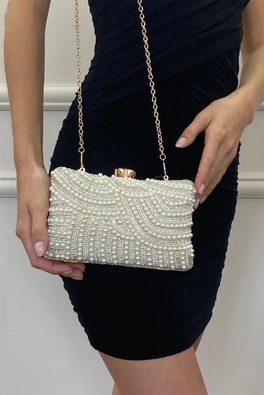 Luxurious Gold Pearl Embellished Clutch Bag by SVNX sold by Goddiva