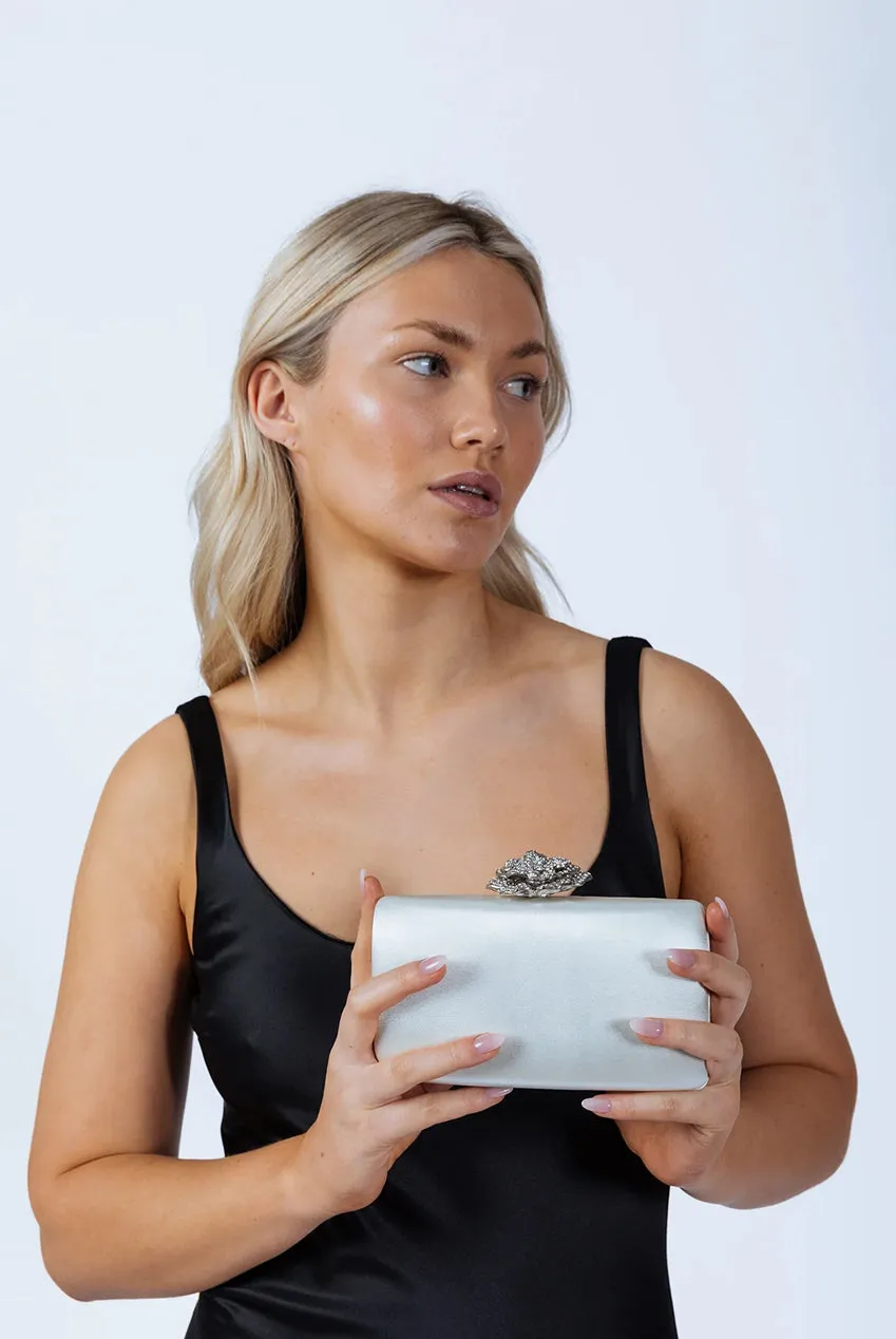 Satin Clutch Bag With Rose Jewel In Ivory by SVNX sold by Goddiva
