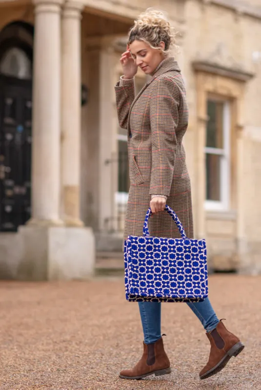 Moroccan Geometric Print Fabric Tote Bag In Blue by Berber Leather sold by Goddiva