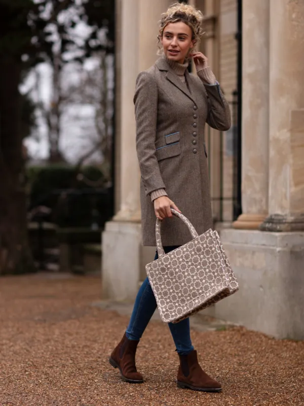 Moroccan Geometric Print Fabric Tote Bag In Grey by Berber Leather sold by Goddiva