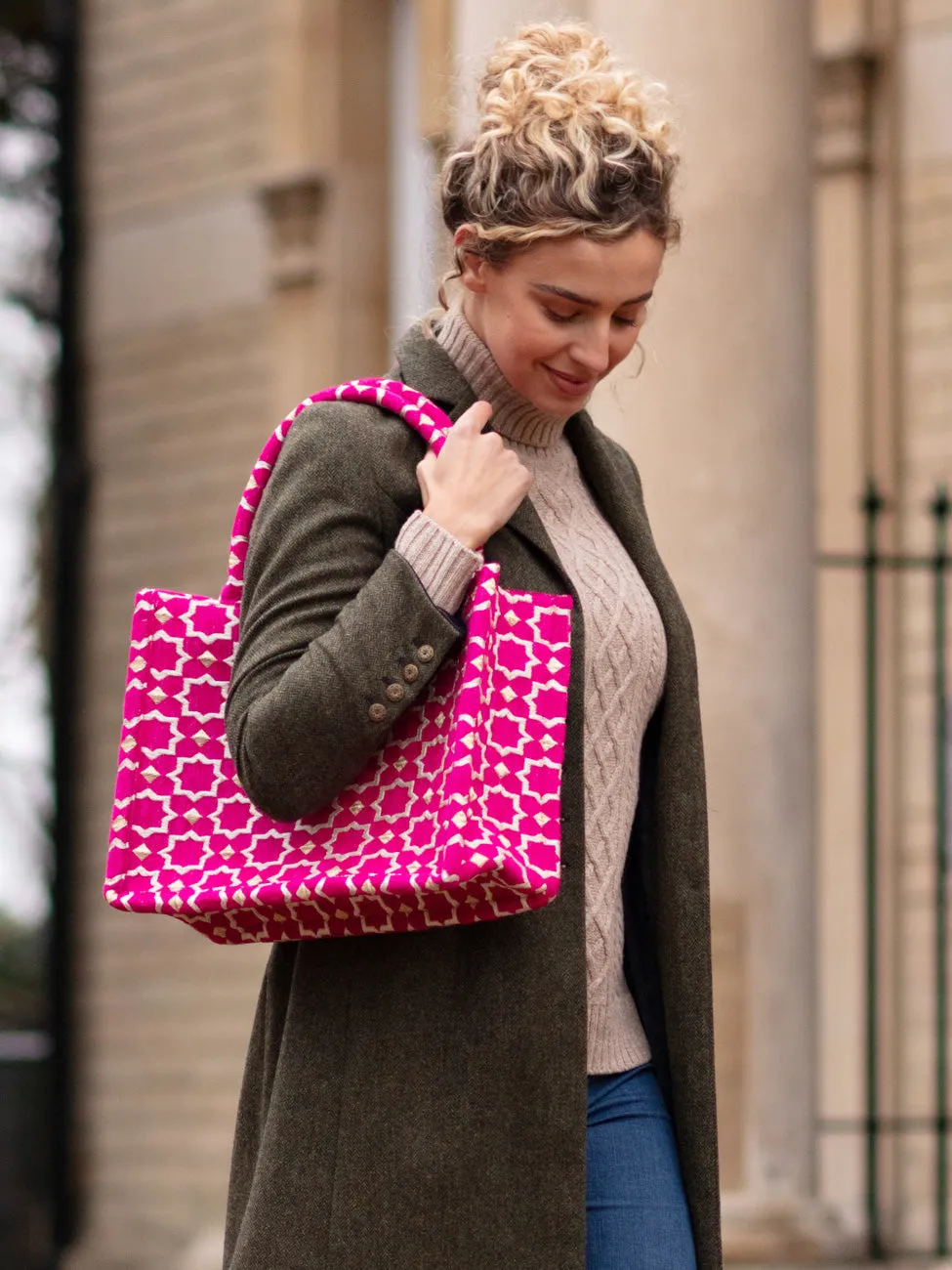 Moroccan Geometric Print Fabric Tote Bag In Pink by Berber Leather sold by Goddiva