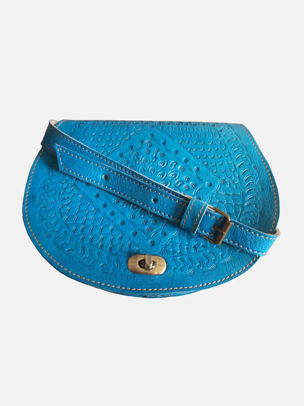 The Temara Embossed Saddle Bag In Bright Blue by Berber Leather sold by Goddiva