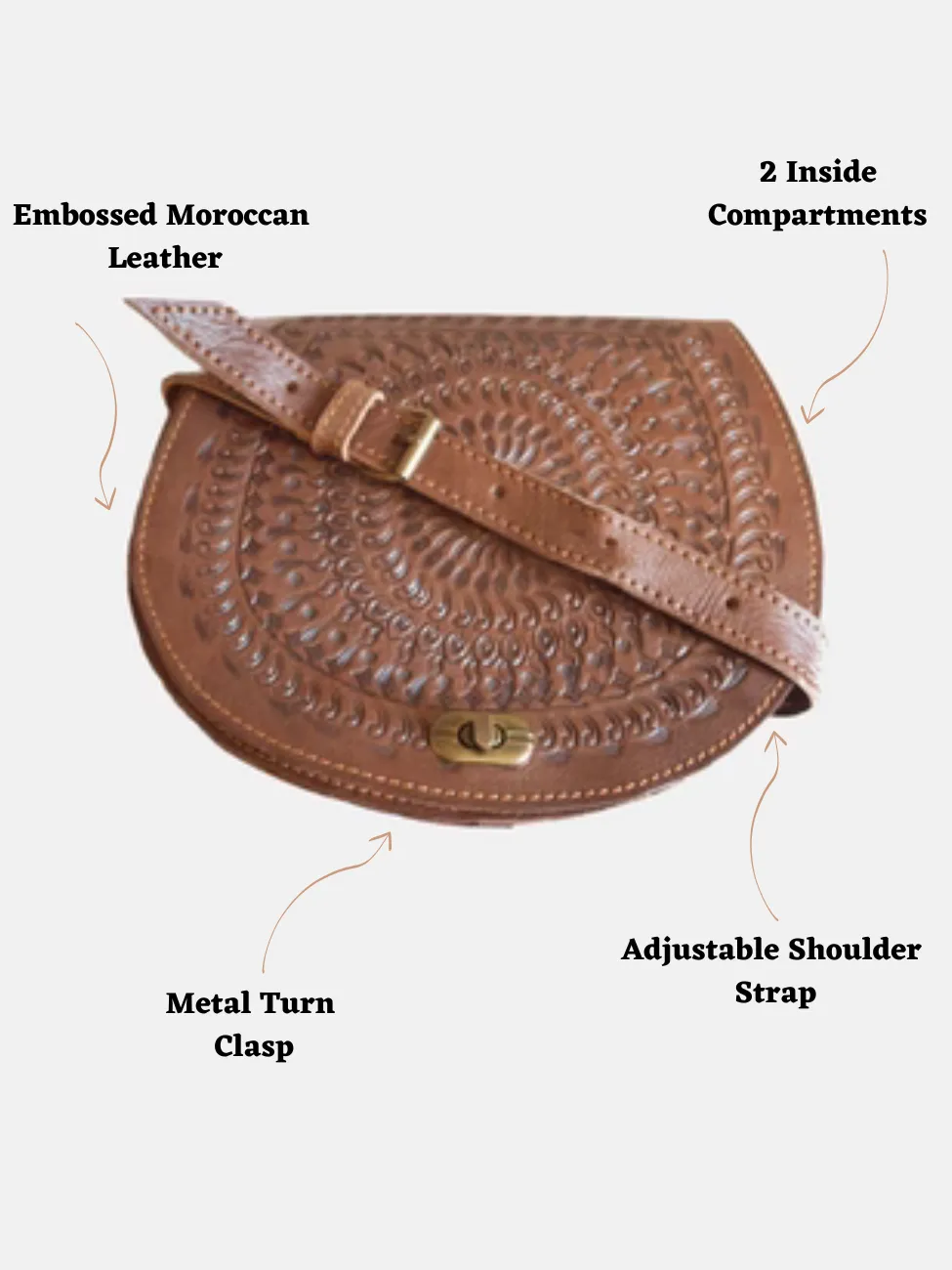 The Temara Embossed Saddle Bag In Brown by Berber Leather sold by Goddiva product image thumbnail 4