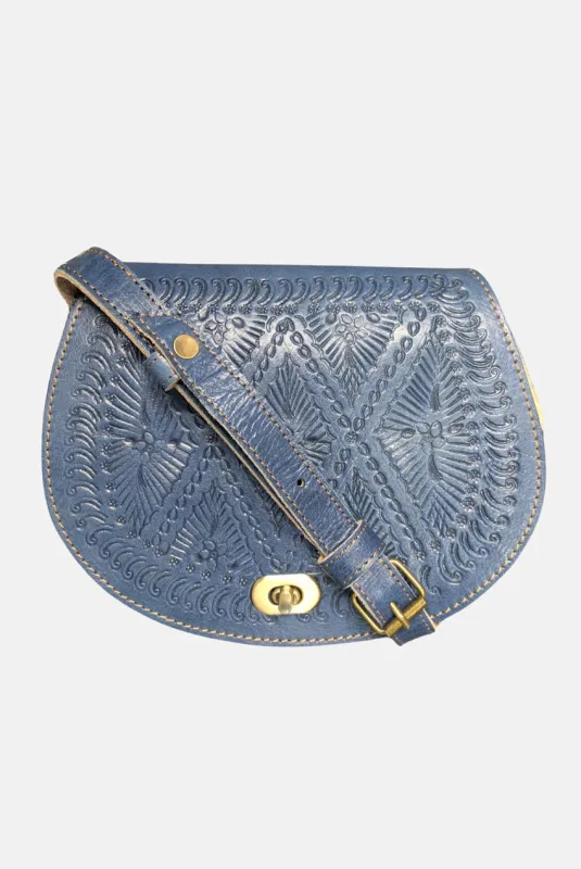 The Temara Embossed Saddle Bag In Navy Blue by Berber Leather sold by Goddiva