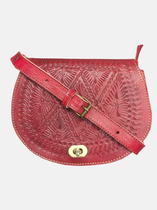 The Temara Embossed Saddle Bag In Red by Berber Leather sold by Goddiva