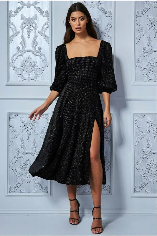 Velvet Sparkle Midi Dress With Front Split - Black by Goddiva sold by Goddiva