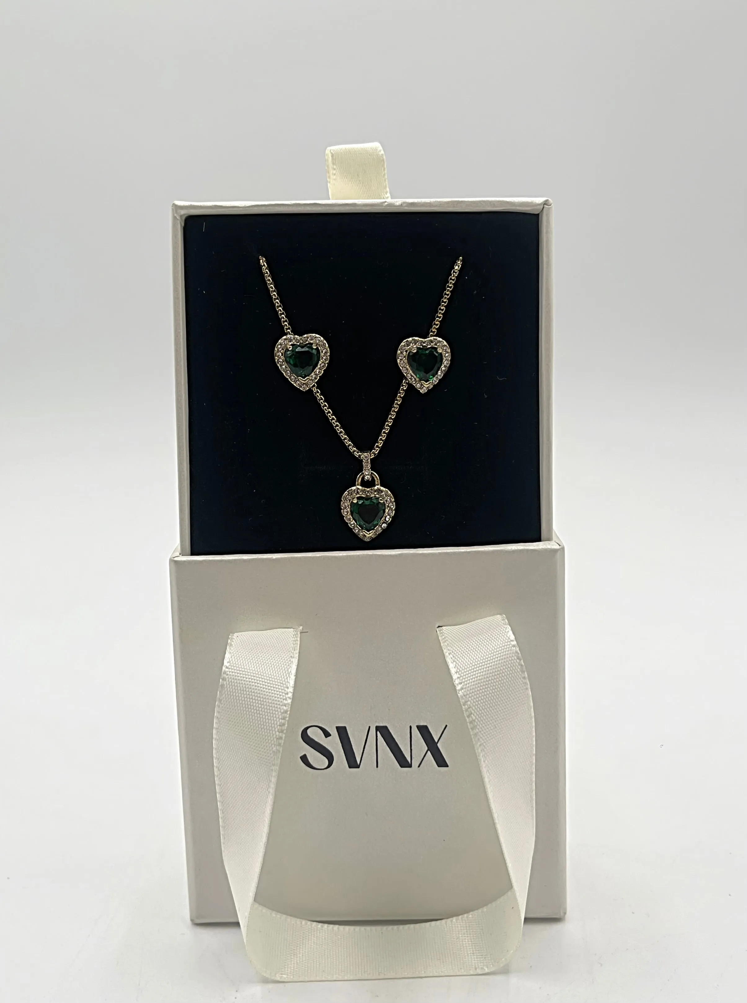 Emerald Green Diamante Heart Necklace And Earrings Set In Gold by SVNX sold by Goddiva product image thumbnail 5